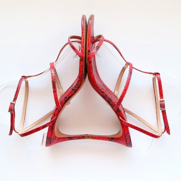 SCHUTZ Red Black Snakeskin Strappy Open Square Toe  Heeled Sandals Summer Shoes - Picture 10 of 16